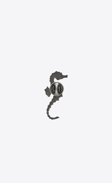 SAINT LAURENT Brooch Man Seahorse pin in silver-toned brass and black crystals b_V4